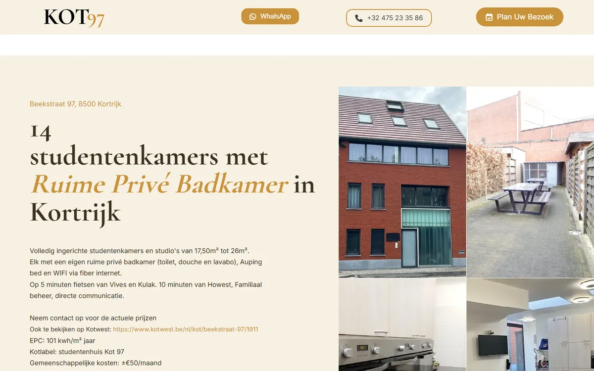 Startscherm van studentenkamerkortrijk.be op een computer