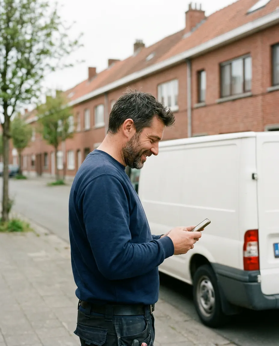 Een installateur kijkt op straat naast zijn bestelwagen glimlachend naar zijn smartphone