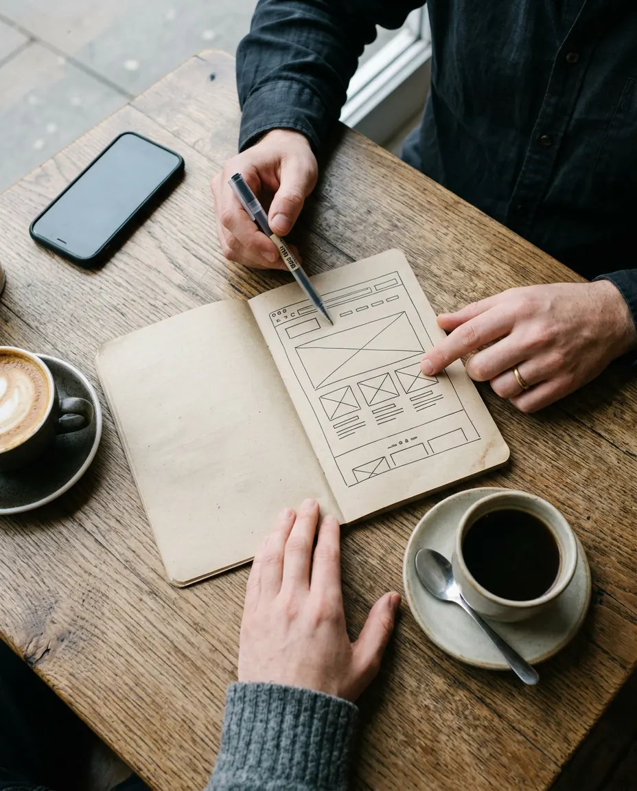 Twee mensen aan een cafetafel met koffie, buigen zich over een schets van een webpagina