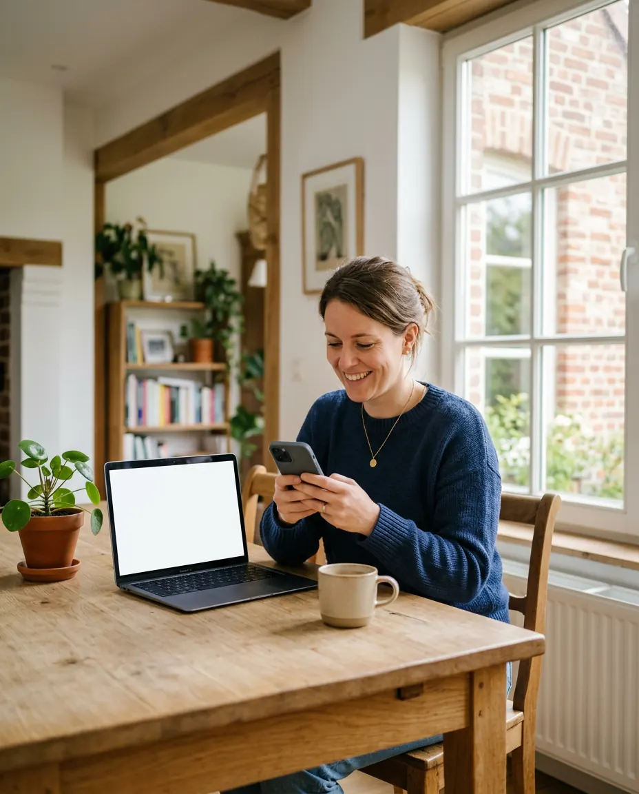 Een zelfstandige aan haar keukentafel kijkt tevreden naar haar smartphone, met haar laptop ernaast